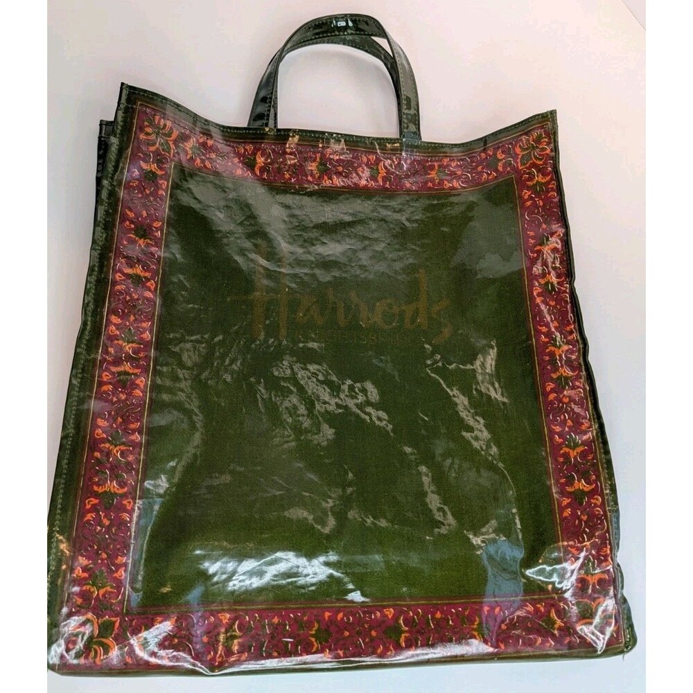 Harrods Knightsbridge London Large Green PVC Tote Bag Sari Fabrics 1982 Vintage